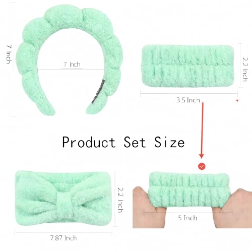 Headband for Washing Face and Wristband Set, Green | Soft absorbent fabric, snug head-hugging fit for face washing, skincare, makeup, masks, travel, women and teen girls - color: Green