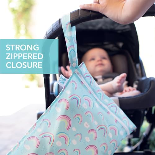 Bumkins Waterproof Wet Bag for Baby, Travel, Swim Suit, Cloth Diapers, Pump Parts, Pool, Beach, Gym Clothes, Toiletry, Hook to Stroller, Daycare, Zipper Reusable Wetdry Packing Pouch, Rainbows Blue - color: H3 Rainbows, style: Wet Bag