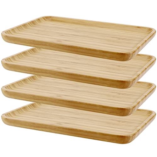 PINGEUI 4 Pack Bamboo Vanity Tray, Bamboo Wooden Serving Tray Counter Tray, Bamboo Rectangular Platter Bamboo Dresser Vanity Tray for Jewelry, Tea, Soap, Coffee, Food, 11.4 x 7.8 x 0.8 Inch