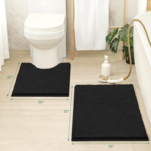 HOMEIDEAS Black Bathroom Rug Sets 2 piece, Ultra Soft Non Slip Absorbent Chenille Toilet Bath Mat Set (Black) - color: Black-black, size: 1'8" x 2'8" (U Shape 20"x24"+20"x32")