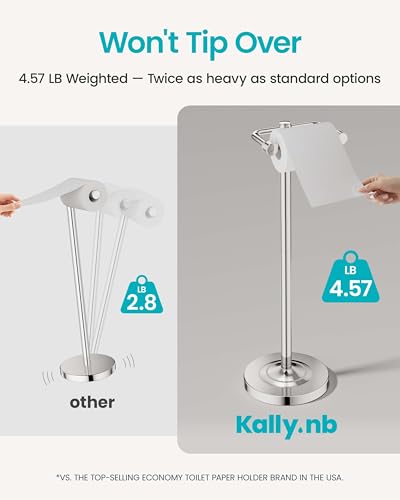 Freestanding Toilet Paper Holder, Weighted Base, No Springs, Chrome | Pivoting arm — just lift, reload, no springs. No drilling. 304 stainless steel, rustproof. Fits mega rolls, 25.6 inches. - color: Chrome