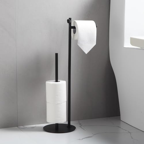 BGL Toilet Paper Holder Stand, SUS304 Stainless Steel Matte Black, Weighted Base, Holds 5 Jumbo Rolls, Space-Saving Modern Bathroom Storage with Built-in Hook - color: Matte Black