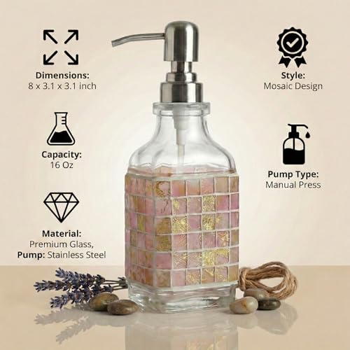BOPPIE Handcrafted Mosaic Glass Soap Dispenser, Modern Countertop Hand & Dish Soap Dispenser for Bathroom/Kitchen, Refillable Liquid Soap Bottle with Stainless Steel Rust Proof Pump (Mosaic Golden) - color: Mosaic Golden