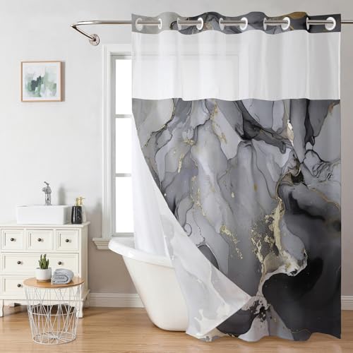 Marble Bathroom Sets with Rugs for Bathroom Decor, 72x72 Inches Gold Shower Curtain with Non-Slip Rugs and Accessories, Waterproof Machine Washable Bath (No Hooks-Gary 01) - color: No Hooks-gary 01