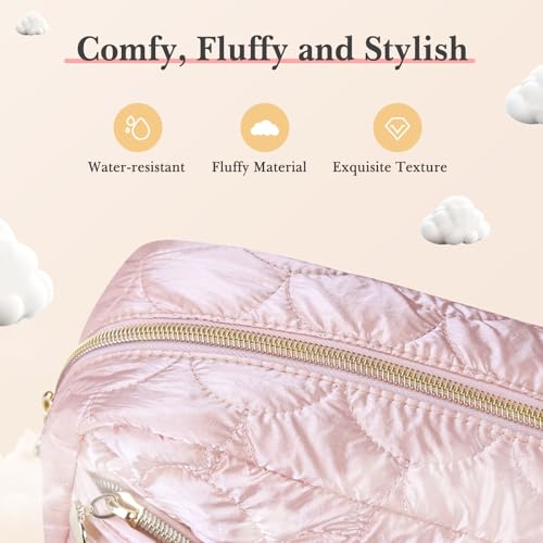 Noozion Makeup Bag Travel Toiletry Bag, Puffy Padded Cosmetic Bag for Women, Makeup Organizer Case, Wide-open Pouch Purse, Travel Essentials - color: Shiny Pink