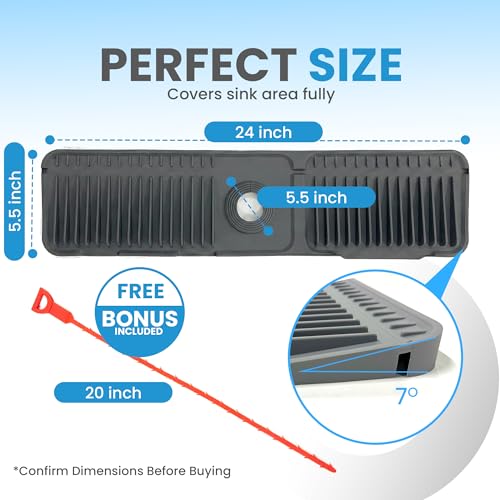 Faucet Mat for Kitchen Sink – 24 Inch Silicone Sink Splash Guard with 2 FREE Drain Cleaning Rods, Food-Grade Kitchen Faucet Mat, Self-Draining Countertop Protector for Kitchen & Bathroom