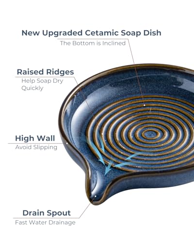 Soap Dishes, Ceramic Shower Soap Dish with Waterfall Design Bar Soap Holder Self Draining Soap Saver for Shower, Bathroom, Sink, Kitchen and Countertop, Blue - color: Blue, size: Round