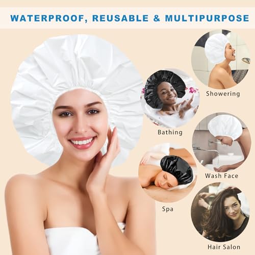 Super Jumbo Shower Cap 2 PCS Waterproof Shower Caps for Women, Extra Large Shower Cap, Reusable Super Large Bath Caps Hair Cap for Long Thick Curly Hair, Locs, Twist Braids - Black + White - color: Black + White