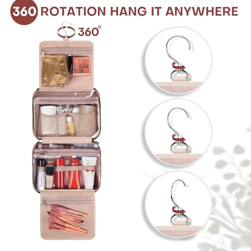 Hanging Toiletry Bag for Women Travel, 2 Sizes Large & Small Waterproof Cosmetic Organizer with 4 Compartments, Rotating Hook, Foldable Pink Travel Bag for Toiletries & Makeup Red Sandalwood - color: Rosewood, size: Large