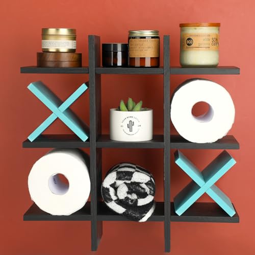 Weysat Tic Tac Toe Toilet Paper Holder Stand Bathroom Wall Decor Rustic Wooden Hanging Storage Freestanding Wall Mounted Shelves Decor for Toilet Tissue Farmhouse - color: Black, Blue