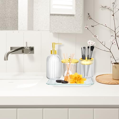 Bathroom Accessories Set, 4Pcs Clear and Gold Glass Bathroom Accessories Sets Complete w/Lotion Soap Dispenser, Toothbrush Holder, Apothecary Jar, Vanity Tray, Bathroom Decor - style: Clear