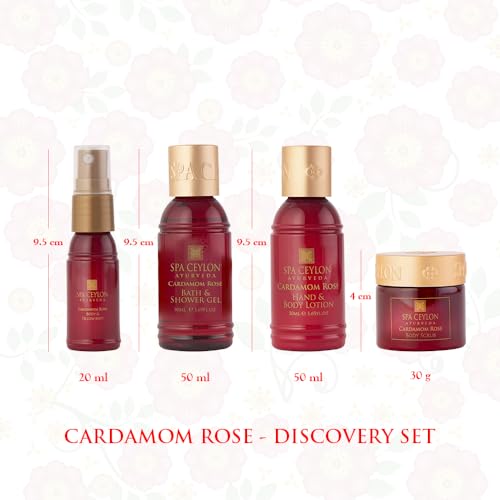 Spa Ceylon Ayurveda Cardamom Rose Discovery Set – 4-Piece Natural Uplifting Spa Gift Set with Himalayan Rose & Organic Ceylon Cardamom - Bath Gel, Body Lotion, Pillow Mist & Scrub