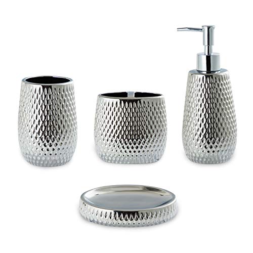 Silver Bathroom Accessory Set 4 Piece Ceramic Bath Accessories Sets Complete, Rain- Drop Shaped Bathroom Essential with Toothbrush Holder & Dish, Tumbler, Soap Dispenser Set for Bath Decor - color: Sliver01