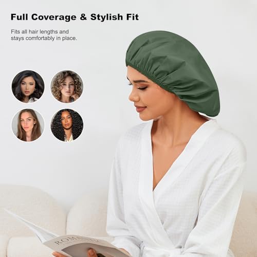 2 Pack Shower Caps for Women, Reusable Waterproof Shower Cap with Elastic Band, Thickened Waterproof Fabric Shower Bonnet for Braids, Long Hair (Pink and Green) - color: Color 01