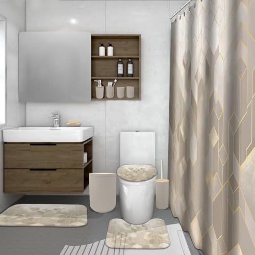 Lnond Beige Bathroom Set, Beige Abstract Cubes Bathroom Accessories Sets Complete, Luxury Restroom Set with Shower Curtain and Rugs, Trash Can, Toilet Brush Holder Set & Soap Dispenser - style: Beige