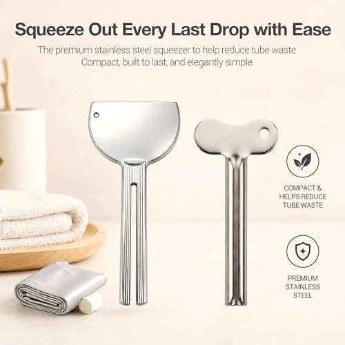 2-in-1 Stainless Steel Toothpaste Squeezer Set, Metal Tube Key & Spatula Scraper, Reusable Tube Wringer Roller Dispenser Tool for Toothpaste, Ointment, Cream, Paint, Cosmetic (2 Pack, Silver)