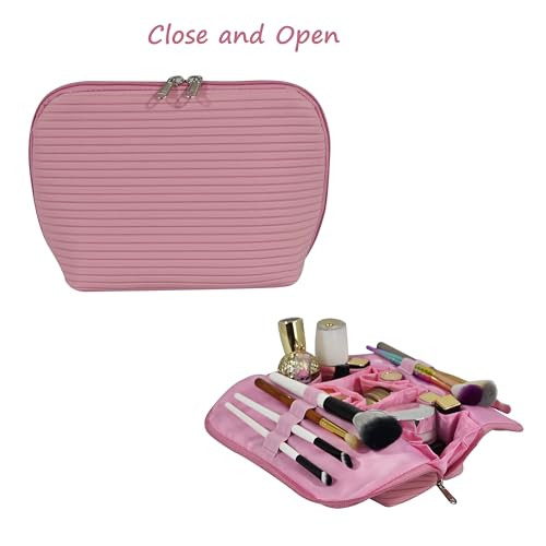Travel Makeup Bag for Women, Waterproof Stand Up Cosmetic Bag with Brush Holders, Organizer Bag with Compartments, Fold-Down Design for Skincare, Toiletries & Essentials (Pink, Medium) - color: Pink, size: Medium