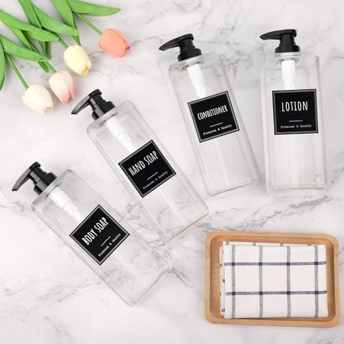 Segbeauty 33.8oz Clear Large Plastic Soap Dispenser Bathroom, 4pcs Large Capacity Refillable Shampoo and Conditioner Dispenser, 1000ml Body Lotion Bottle, Square Empty Cream Pump Bottles with Labels - color: Clear, style: 4pcs