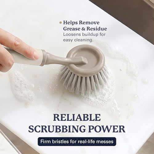Farberware Dish Brush with Handle, 2 Pack, Firm Bristles | Kitchen scrub brush and dish scrubber removes grease, reaches pot and pan edges, 9in, round head, soft-grip design - color: Beige/Tan