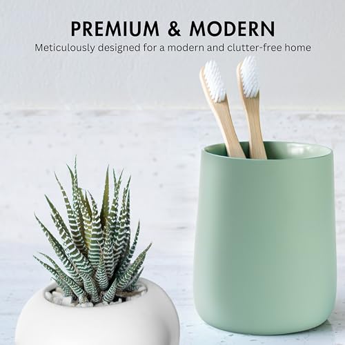Yew Design Matte Sage Green Toothbrush and Toothpaste Holder and Cup for Bathroom Vanity and Countertop, Round Organizer for Electric Toothbrushes, Floss, Razors, Cotton, and Mouthwash - color: Round Matte Sage Green