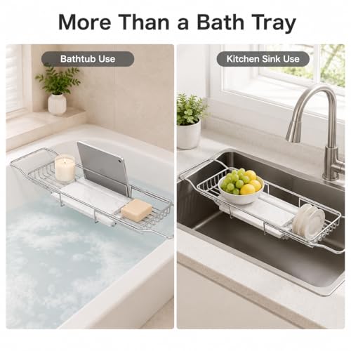 Expandable Bathtub Tray, Stainless Steel Bath Table Tray with Marble Board, Modern Luxury Bathtub Shelf for Bathrooms, Kitchen Sink (Silver+White) - color: Silver+white