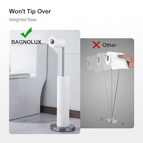 BAGNOLUX Bathroom Toilet Paper Holder Stand with Reserve, SUS304 Stainless Steel Rustproof Pedestal Tissue Roll Holder Heavy Duty, Brushed Nickel - color: Brushed Nickel