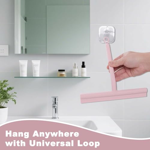 Squeegee for Shower Glass Doors, Resilient Loop - No-Drill & Adhesive Hook, Silicone Shower Squeegee with Stainless Steel Core, Cleaning Tool for Home, Kitchen, Bathroom & Car - Pink - color: Pink, size: with loop