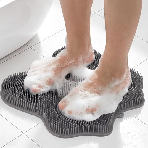 ozner Silicone Shower Foot Scrubber Mat, Back Washer Bath Wash Pad Exfoliating & Massage, Wall Mounted Slip Strong Suction Cups for Use in Cleaner Men and Women (Grey) - color: Grey