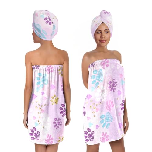 Women's Spa Bath Wrap and Hair Towel Set, Cute Pink Paw Print Shower Wrap Robe with Matching Hair Turban, Adjustable Fast Drying Wearable Bath Towel Dress for Gym, Spa, Sauna & Makeup, Dog Mom Gift - color: Pet Paws 5