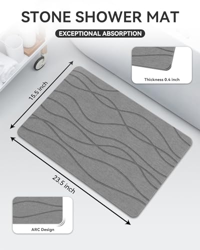 Stone Bath Mat Quick Dry, Diatomaceous Earth Shower Mat, Non-Slip Bath Mat for Bathroom, Super Absorbent Bath Mat Large, Bath Mat 23.5" x 15.5", Gray