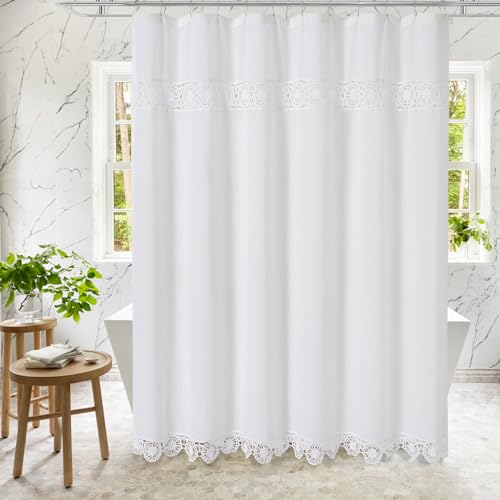 Gibelle Small Stall Boho Farmhouse Shower Curtain Set with Liner, Linen Bohemian French Country Bath Curtain 36x72, White - color: White-liner Set, size: 36"W x 72"L (Pack of 1)