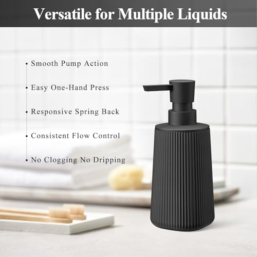 Black Hand Soap Dispenser with No Rust Pump for Bathroom and Kitchen Countertops Refillable Striped Matte Plastic 8.5 oz - color: Black