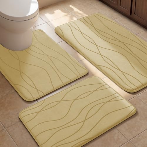 YIHOUSE Bathroom Rugs Set 3 Piece, Memory Foam Bath Mat Beige | Ultra Soft, Absorbent, Non-Slip, Machine Washable, for Bathroom, Sink and Toilet - color: Beige, size: 2'9" x 1'8" (Rectangular)
