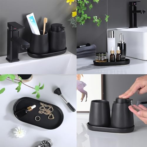 1 Pcs Ceramic Matte Black Round Soap Dispenser Tray, Multi-Purpose Lotion Bottle Hand Sanitizer Dispenser Bottle Mouthwash Cup Tray for Kitchen Sink, Bathroom