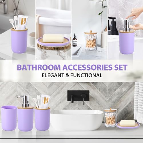 iMucci Bathroom Accessories Set 5Piece Light Purple Bathroom Sets, Toothbrush Holder, Toothbrush Cup, Lotion Soap Dispenser, Soap Dish and Qtip Holder Bathroom Decor - style: Light Purple