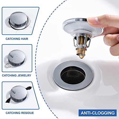 Universal 3-in-1 Bathroom Sink Stopper - Chrome Pop Up Sink Drain Stopper, Push Button Sink Drain Stopper Replacement, Wash Basin Drain Filter Plug with Anti-Clogging Strainer, (Large Cover) - color: Chrome, style: Large Cover