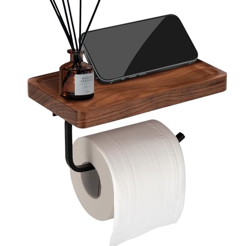Toilet Paper Holder with Walnut Wood Shelf - Wall Mount & Self-Adhesive Bathroom Tissue Holder, Black Stainless Steel with Walnut Shelf for Phone - Home Apartment Restroom Decor Essentials - color: Walnut & Matte Black