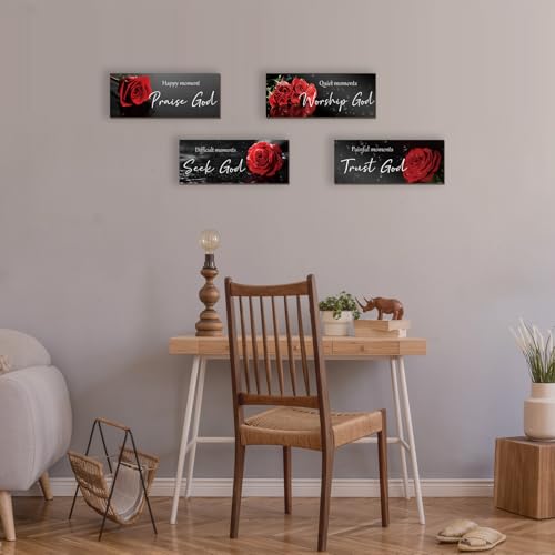ONIZHITY 4 Pcs Red Bathroom Decor Religious Wall Art Bible Verse Inspirational Red Rose Wall Decor Rustic Flower Wooden Christian Sign for Home Bathroom Office Bedroom Living Room Kitchen(10x4) - color: Red Rose
