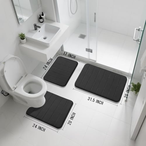 Yimobra Memory Foam Bath Mat Set 3 Pieces- Super Soft Absorbent Quick Dry Bathroom Rug Sets, Machine Washable Non Slip Floor Carpet for Tub Shower, Vanity & Toilet Base, Black - color: Black, size: 31.5''x20'' +17''x24'' + 24''x20''