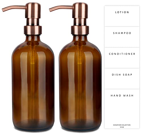 Emerson Soap Dispenser, Dish Soap Dispenser for Kitchen, Soap Dispenser Bathroom Set, Hand Soap Dispenser, Kitchen Soap Dispenser Set, Glass Soap Dispenser with Pump and Labels - 16 Oz - 2 Pack - color: 02 – Amber / Copper
