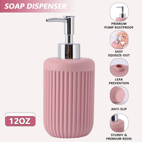 XLHOMO Resin Pink Bathroom Accessories Set 5 Pcs, Lotion Soap Dispenser, Toothbrush Holder, Bathroom Tumbler, Qtip Holder and Vanity Tray, Bathroom Countertop Organizer Set for Modern Home Apartment - color: Pink, size: Resin Bath Set
