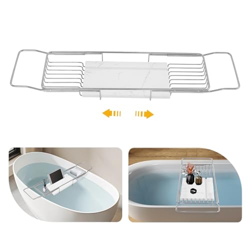 Expandable Bathtub Tray, 26.7-35.4 Inches Stainless Steel Bath Caddy Tray with Marble Base Adjustable Luxury Bath Trays for Tub Scented Candle Wine Glass Books (Silver+White) - color: Silver+white
