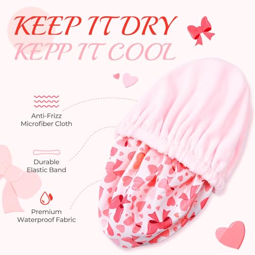 Aileam Pink Bow Shower Cap for Women, Terry Lined Bath Cap Large Reusable Waterproof Shower Hair Cap for Long Thick Hair - color: Hearts & Bows