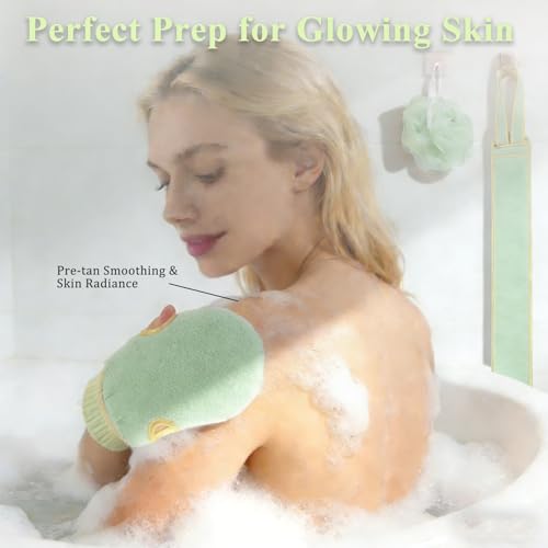 Exfoliating Glove and Back Scrubber for Shower - 3-Piece Exfoliating Mitt Set with Bath Sponge - Deep Skin Cleansing Body Scrubber for Dead Skin Removal, Self-Tan (Green) - color: Green