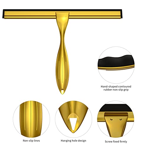Shower Squeegee for Glass Door 12-Inch Stainless Steel Bathroom Squeegee Window Wiper, with Shower Door Hook, Adhesive Hook, and Spare Silicone Blade for Window Mirror Car All-Purpose Squeegee - color: Gold, size: 12-inch