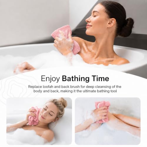 Yiclick Exfoliating Washcloth Towel with Handle, Back Scrubber for Shower, Exfoliating Body Scrubber Exfoliator, Japanese Wash Cloth for Body Scrub, Bath Sponge Loofah Luffa Washer Exfoliator - color: Blush