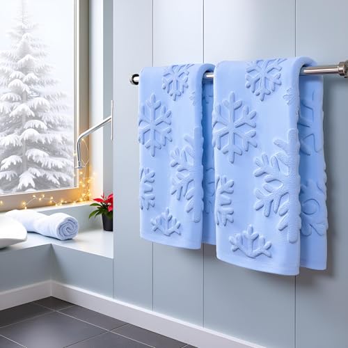2 Pack Christmas Snowflake Hand Towels 100% Cotton Jacquard Holiday Kitchen Dish Towels Retro Neutral Blue Bathroom Towels Set Gift Seasonal Xmas Winter Bathroom Decor (Blue Snowflake) - color: Blue Snowflake