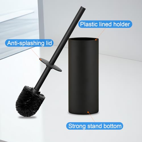 304 Stainless Steel Toilet Bowl Brush and Holder Set, Circular Floor Toilet Brush Holder, Long Handle, Bathroom Heavy-Duty Cleaner, High-End Cylinder Wall, 2 Brush Head (Black) YIGUANXIN - color: H-black