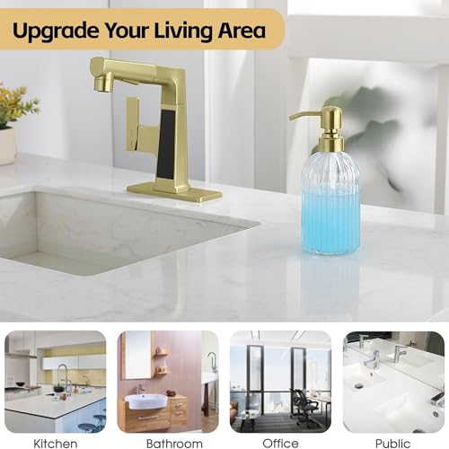 Gold Refillable Glass Kitchen Soap Dispenser,16oz Bathroom Soap Dispenser with Vertical Strip,Golden 304 Stainless Steel Pump Head, Clear Thick Glass,for Modern Home Decor, Countertop, Hotel - color: Brushed Gold + Clear, size: 1-Pack