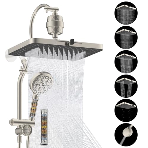 Hibbent 5-spray Dual Filtered Rainfall Shower Head Combo, High Pressure 13'' Showerhead with 10 Spray Mode Handheld, Easy Reach 4-way Diverter Arm with Pause Mode, 71'' Hose & Holder, Brushed Nickel - color: Brushed Nickel, style: Square 13" with filter